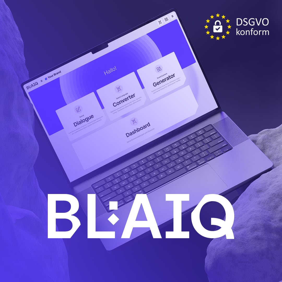 BLAIQ_teaser_square Laptop mit geöffneter Benutzeroberfläche der KI-Plattform BLAIQ. Auf dem Bildschirm sind die Funktionen 'Dialogue', 'Converter', 'Generator' und ein zentrales Dashboard sichtbar. Das Bild ist in einem violetten Farbverlauf gehalten, mit dem BLAIQ-Logo im Vordergrund