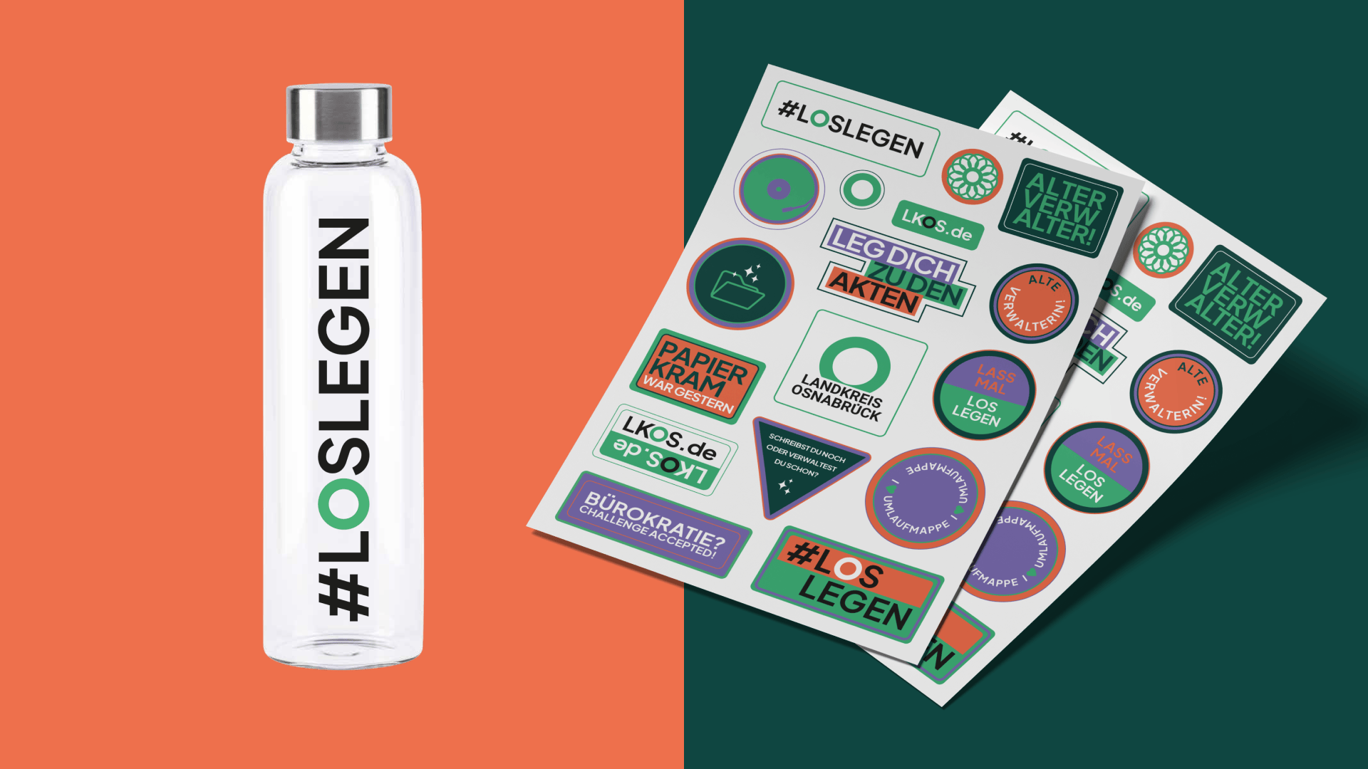 BundB_Referenz_LKOS_09_stickerbogen #LOSLEGEN-Glasflasche und bunte Stickersets des Landkreises Osnabrück – Employer-Merchandise mit humorvollen und motivierenden Botschaften.