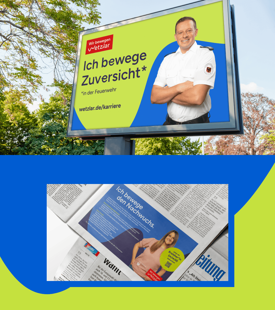 BundB_Referenz_Wetzlar_07_kommunikation-2 Plakatmotiv ‚Ich bewege Zuversicht‘ der Feuerwehr Wetzlar und Zeitungsanzeige zur Nachwuchsförderung – crossmediale Employer-Kampagne.
