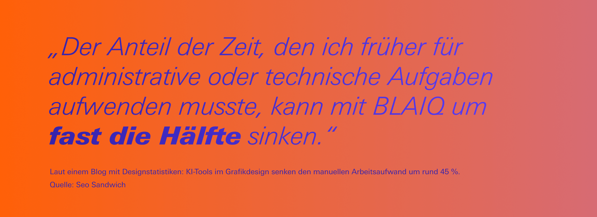 Zitatgrafik mit orange-violettem Verlauf: ‚Der Anteil der Zeit, den ich früher für administrative oder technische Aufgaben aufwenden musste, kann mit BLAIQ um fast die Hälfte sinken.‘ Ergänzend die Angabe, dass laut Blog „Seo Sandwich“ KI-Tools im Grafikdesign den manuellen Arbeitsaufwand um rund 45 % senken.