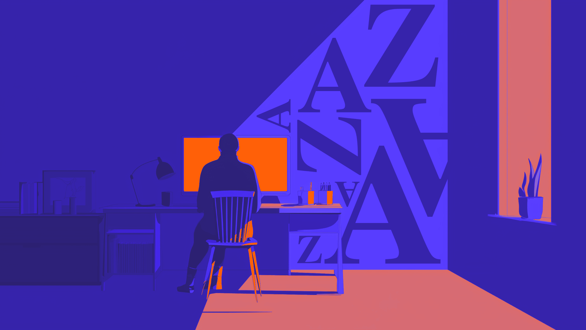 Illustration in Blau-Orange: Eine Grafikerin bzw. ein Grafiker sitzt am Schreibtisch vor einem leuchtend orangefarbenen Bildschirm, umgeben von großen typografischen Buchstaben und einem Fenster mit Zimmerpflanze – sinnbildlich für den Wandel vom klassischen Grafiker zum vielseitigen Content-Creator mit Unterstützung von KI.