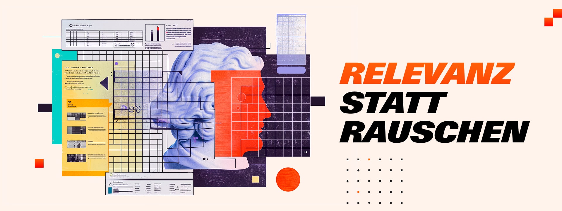 Digital-Collage mit abstrahiertem Kopf, UI-Elementen und großem Schriftzug „Relevanz statt Rauschen“ als Visualisierung von KI-gestützter, personalisierter UX.