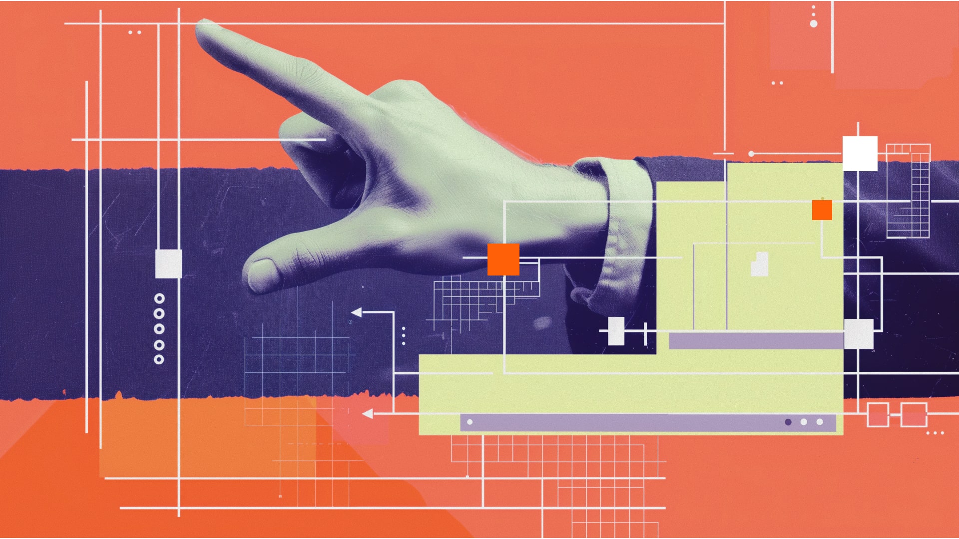 Abstrakte Hand in einer digitalen Collage mit Linien, Rastern und Interface-Elementen als Symbol für die Interaktion mit einem adaptiven Nutzerinterface.