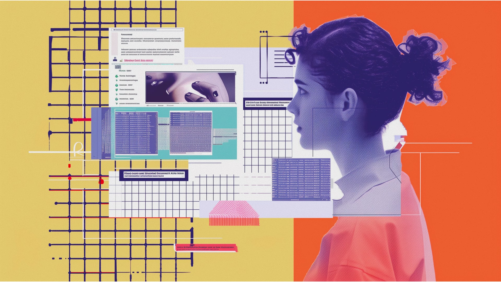 Profil einer Person in einer Digital-Collage mit überlagerten Screens, Rastern und Datenflächen als Visualisierung der erweiterten Rolle von UX-Design im KI-Kontext.